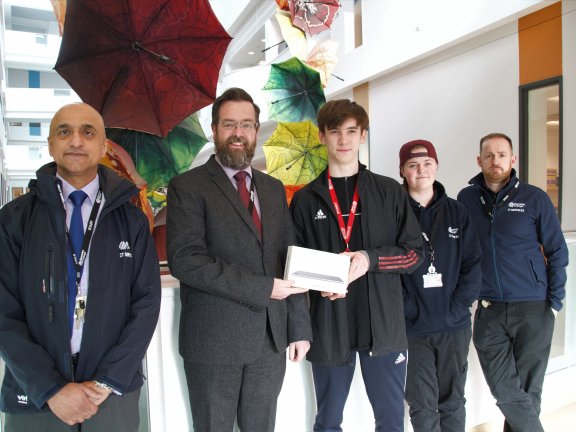 (Left to right) Director of IT; Deputy Principal Development and Productivity; Sport student and winner of Safer Internet Week Roadshow competition; IT Support Apprentice; and IT Support Specialist.