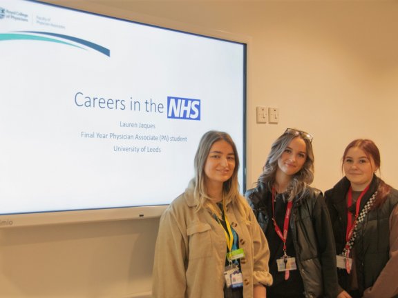 Barnsley College Health, Science and Social Care Professions students with Physician Associate student, Lauren Jaques.