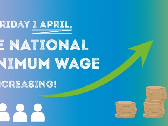 image that said the national minimum wage is increasing with arrow and coins on.