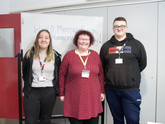 Claire Throssell MBE with students who attended her talk as part of Mental Health and Homelessness Awareness Day at Barnsley College.