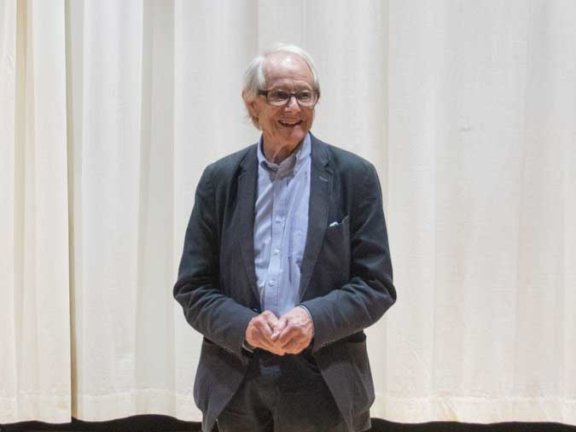 Film director Ken Loach speaking to Barnsley College students.