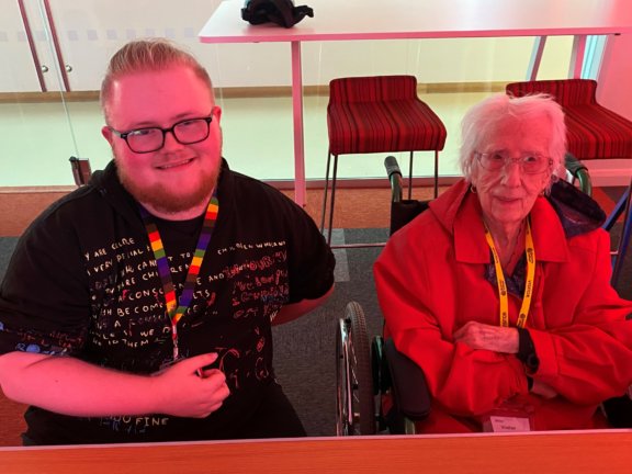 Learning for Living and Work student Anthony Kenyon with 102-year-old Edie Greaves, a member of the ‘Forever Young’ group.