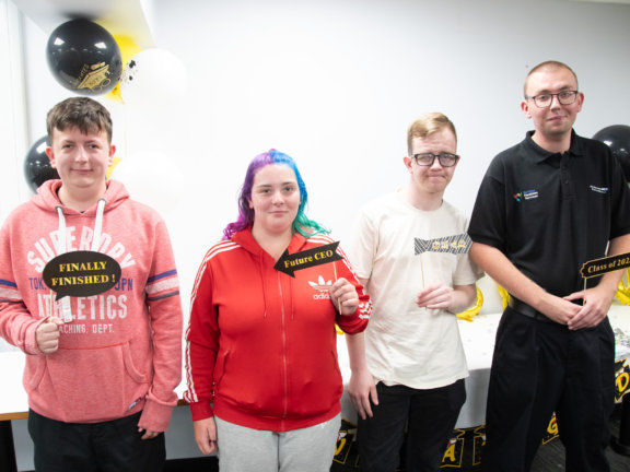 [L-R] Project Search supported interns Jak Durose, Skyla Chandler, Connor Chappell and Corey O’Brien at their end-of-year celebration event at Barnsley Hospital.