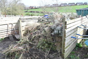 Fresh compost bin with grass cuttings, shrubs, cut-up twigs, food-waster and animal manure.