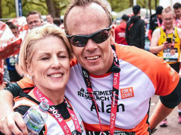 Julie and her brother Alan Smith at the finish line of the 2024 London Marathon