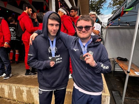 Barnsley College students, Tom Shaw Rob Crosse with their Special Olympics World Games silver medals.
