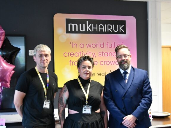 National Sales Manager at Muk Bruce Davies, Education Manager and Hairdresser at Muk Kate Lewis and Principal and CEO of Barnsley College David Akeroyd.