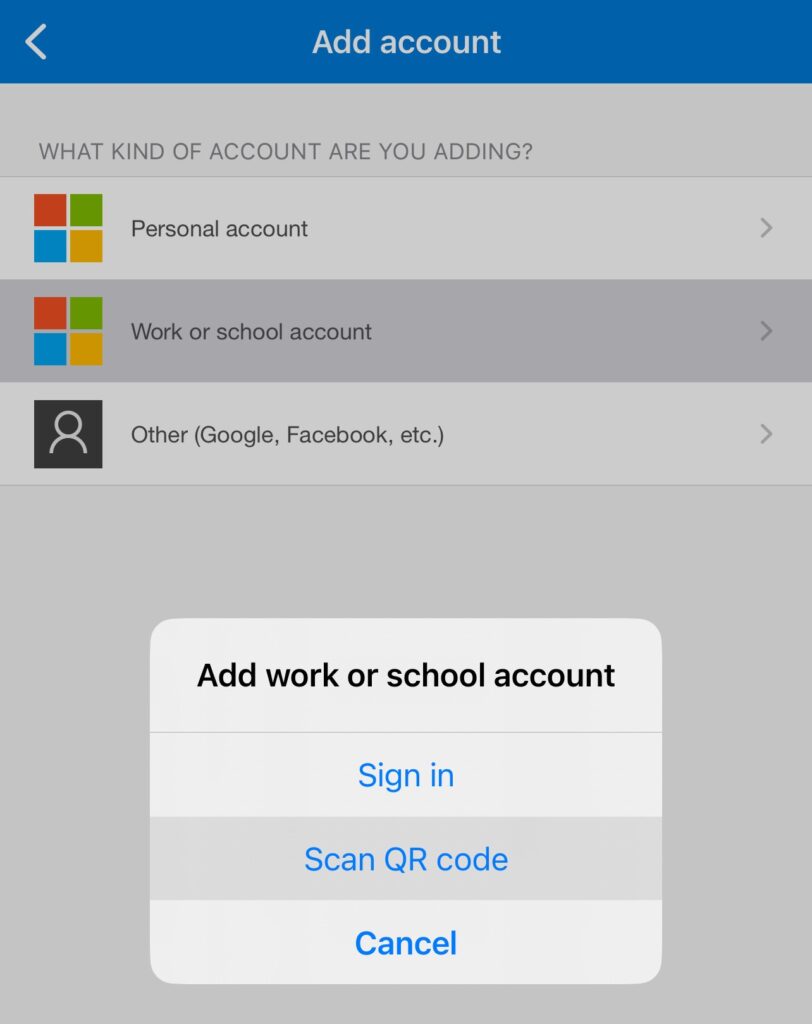 A diagram showing 'Add Account', 'what account are you adding' and then the user can select either 'Personal account', Work or school account' or 'Other'.