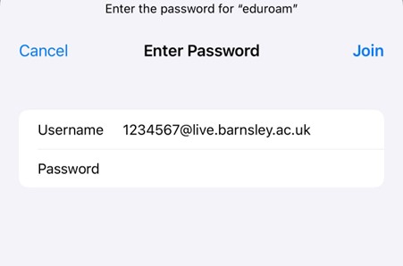 eduroam screen shot of enter password with username and password box. 