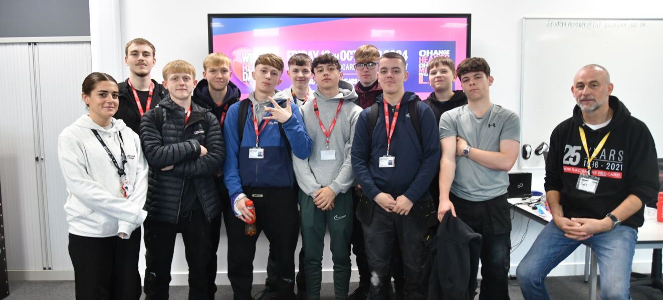 Construction students with Any Heywood (right) from Show Racism the Red Card.