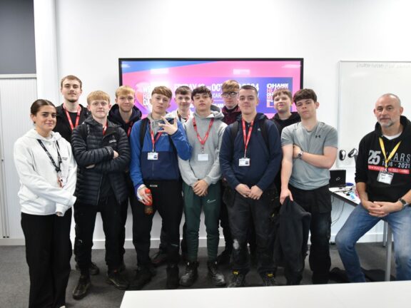 Construction students with Any Heywood (right) from Show Racism the Red Card.