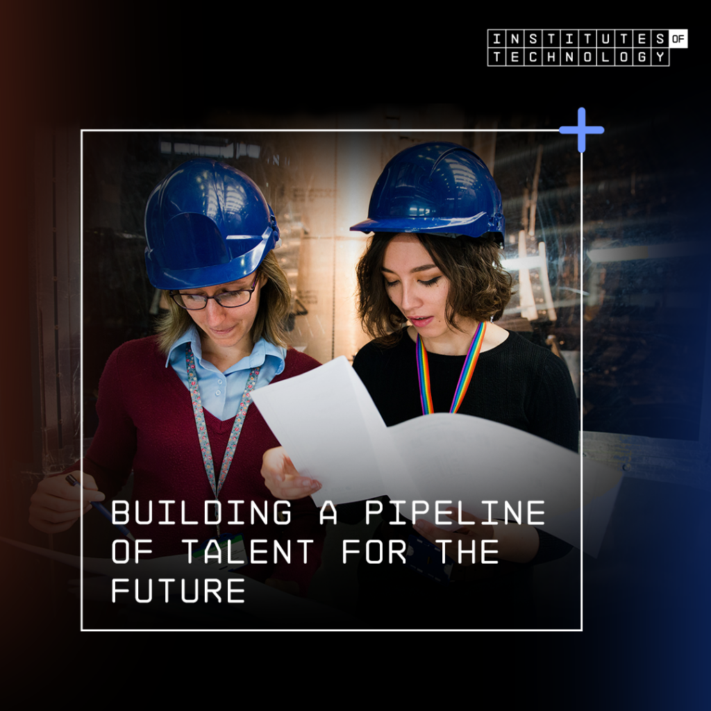 " women wearing blue hard hats, looking at paperwork. Text on the image says: Building a pipeline of talent for the future.