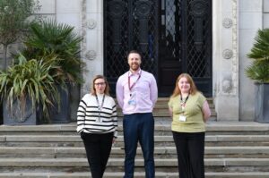 (L-R) Lucy Evans, Barnsley College Cultural Capital and Personal Development Coordinator, Andy Barnaby, Barnsley Council’s Cohesion and Prevent Officer and Catherine Hirst, Barnsley College Talent United and Enterprise Coordinator outside the Barnsley Town Hall.